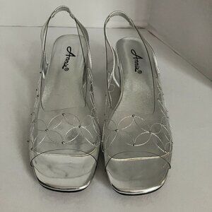 Annie Womens Low Chunky Silver Metallic Clear Heels Size 9 M